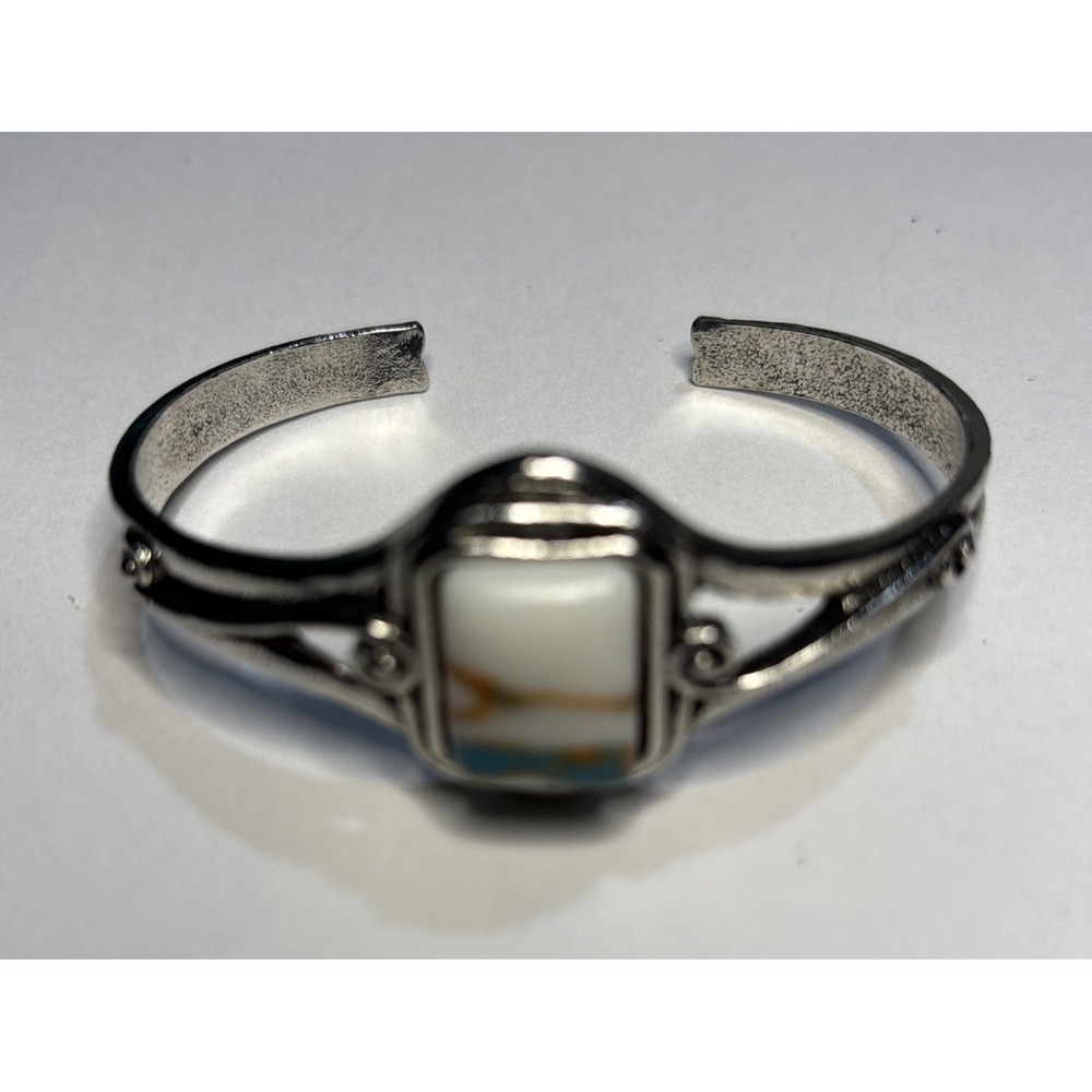 Southwestern Style Silver Tone Cuff Bracelet Multicolor Stone Scrollwork 2-1/2"